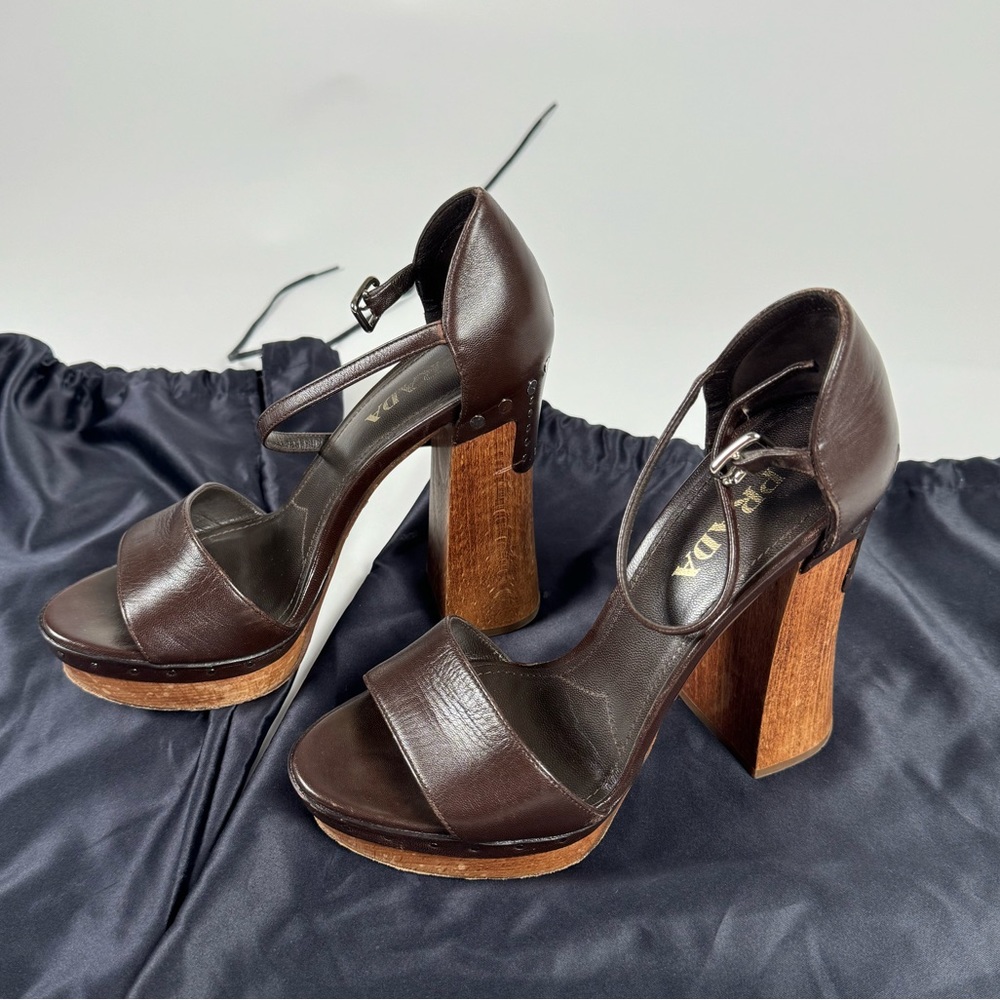 Prada platform sandals, beautiful brown color, authentic w/ 2 Prada dust bags